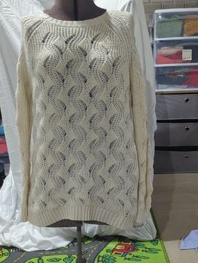Forever 21 Cream Open-Weave Crewneck Sweater